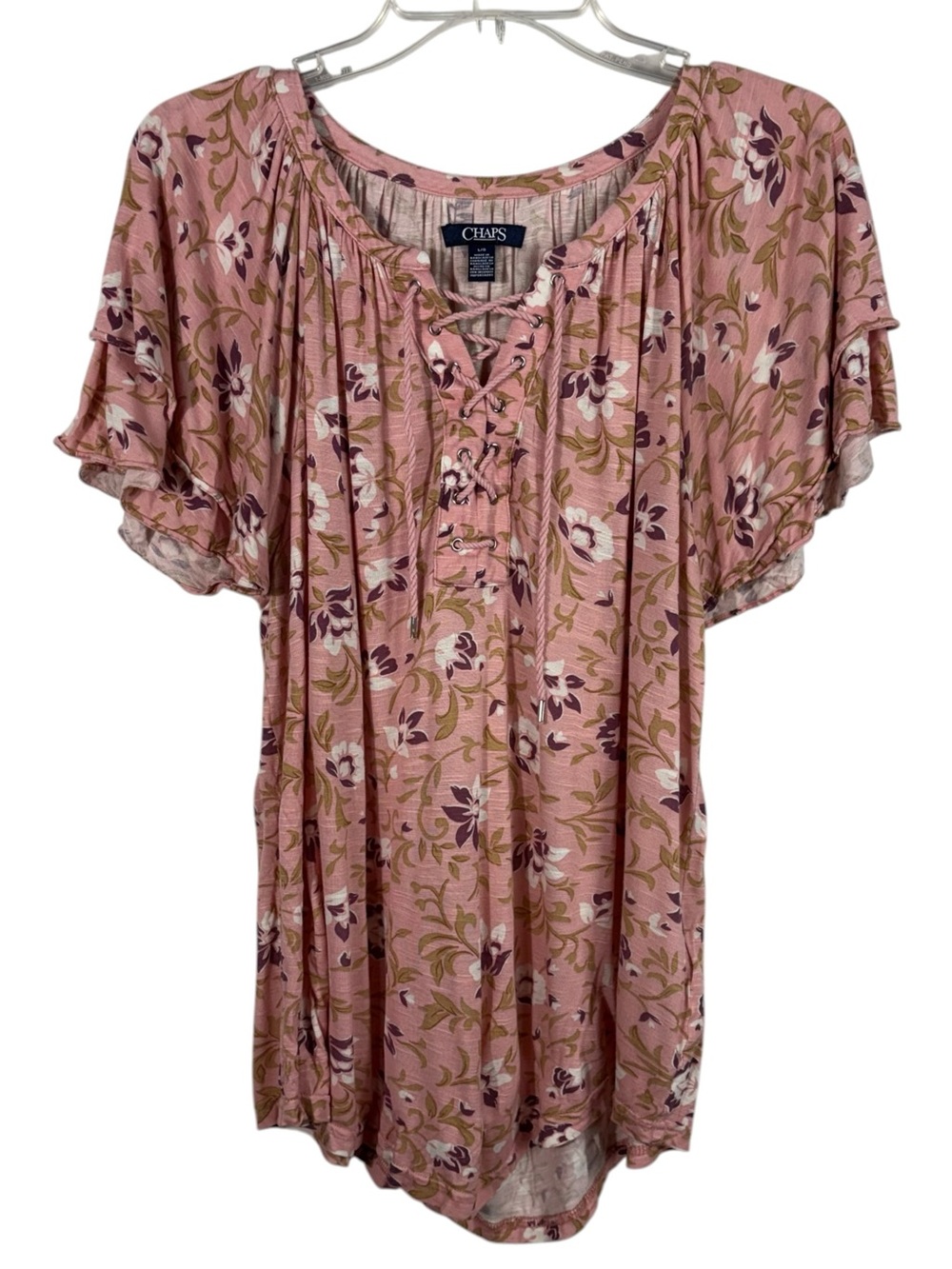 Chaps Pink Floral Lace Up Ruffle Layered Sleeve Viscose Casual Top Stretchy L
